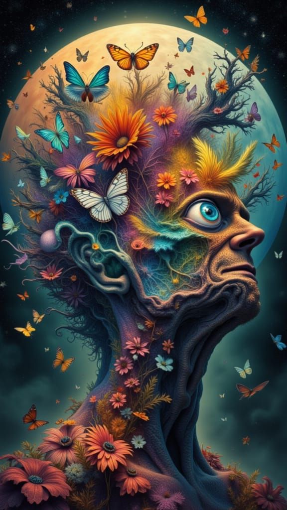 Man's Face Fractured into Butterfly Wings with Eyes