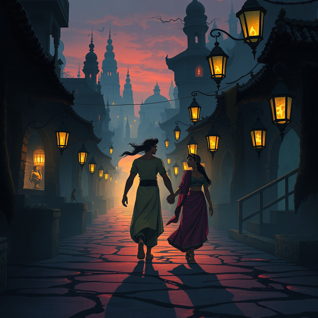 Aladdin and Jasmine in Dark Agrabah Marketplace