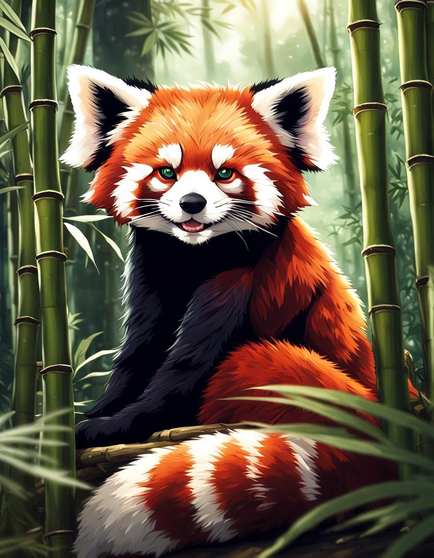 Cute Red Panda in Japanese Bamboo Forest: Anime Art