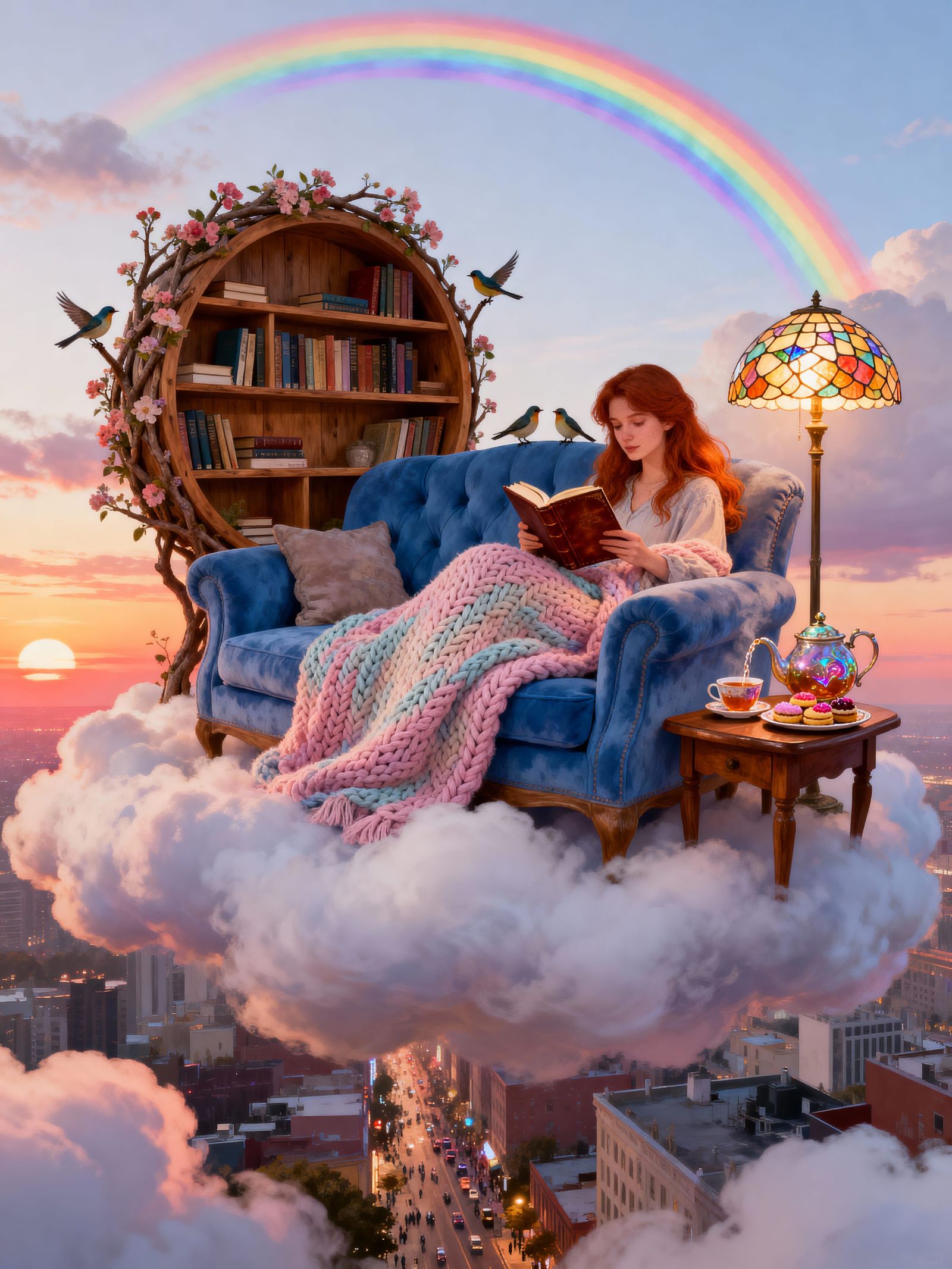 Woman Reading on Cloud Sofa in Magical Fairy Tale Sunset