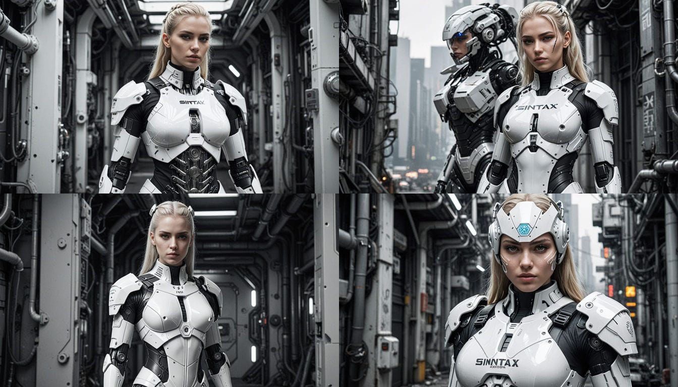 Cyberpunk Woman in Elegant White Armor with Glossy Black Tex...