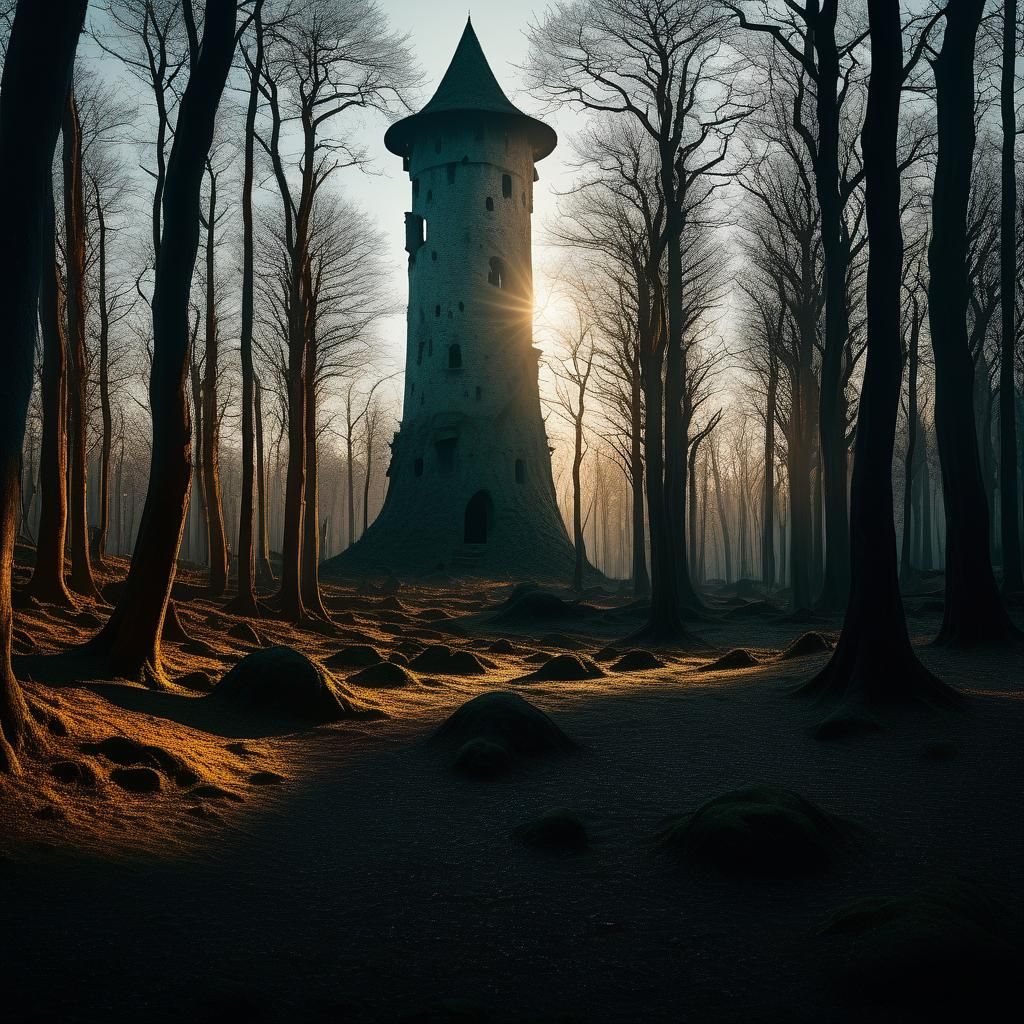 Mystical Clearing with Ancient Tower Ruins