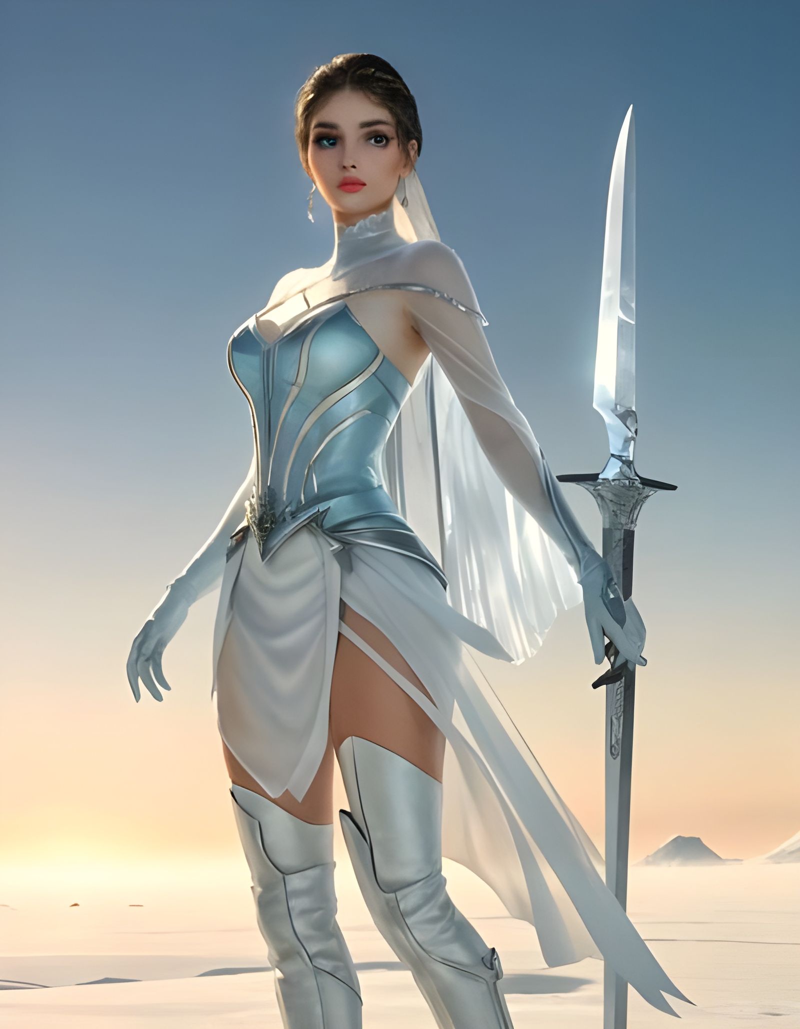 Ethereal Ice Queen in Frozen Glacial World at Sunrise