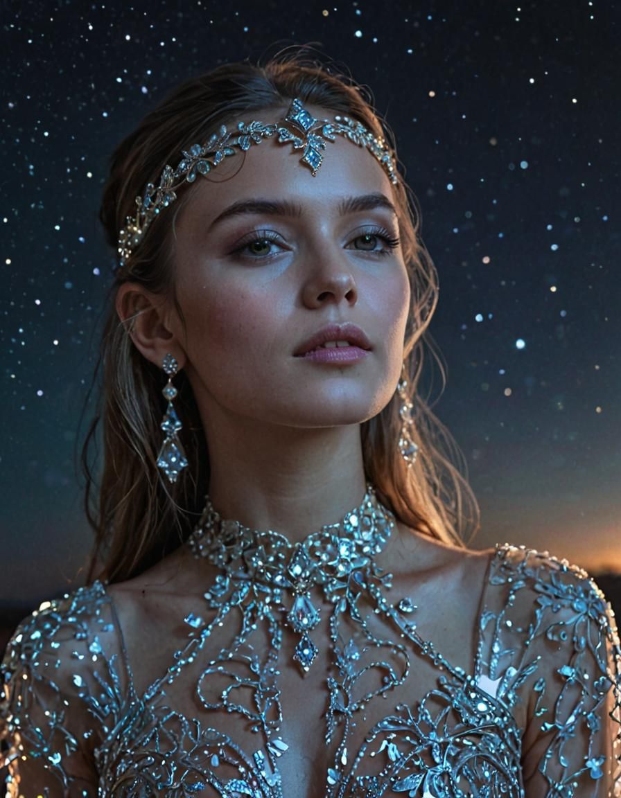 Woman in Glass Dress Against Night Sky