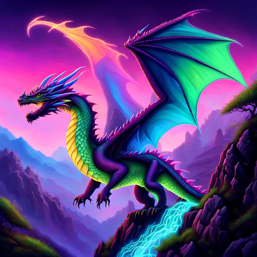 Neon Dragon Soaring Over Mountain Landscape