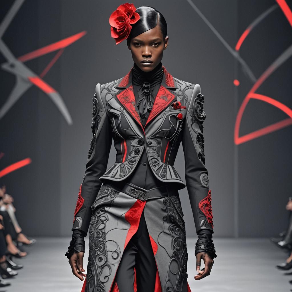 Avant-Garde Surrealist Pop Fashion in Black, Grey, and Red
