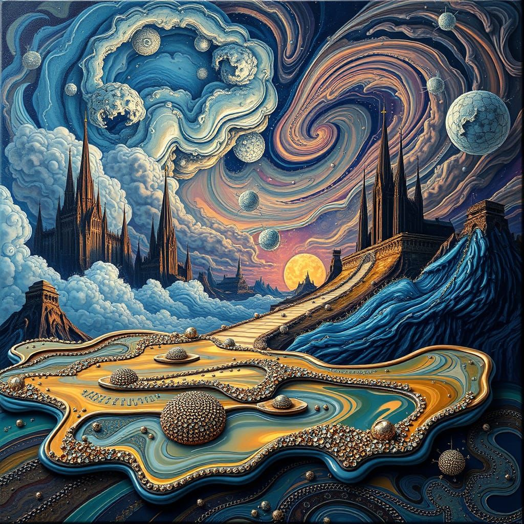 Surrealist Oil Painting with Glittering Fractals and Majesti...