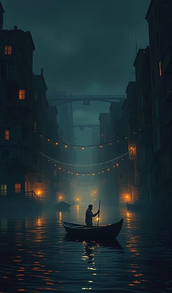 Dystopian Cityscape at Night: Solitary Journey