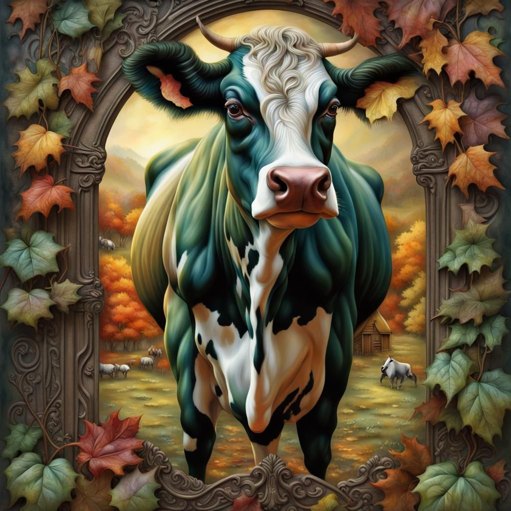 Autumn Farm with Clay Cows in Metallic Watercolor Style