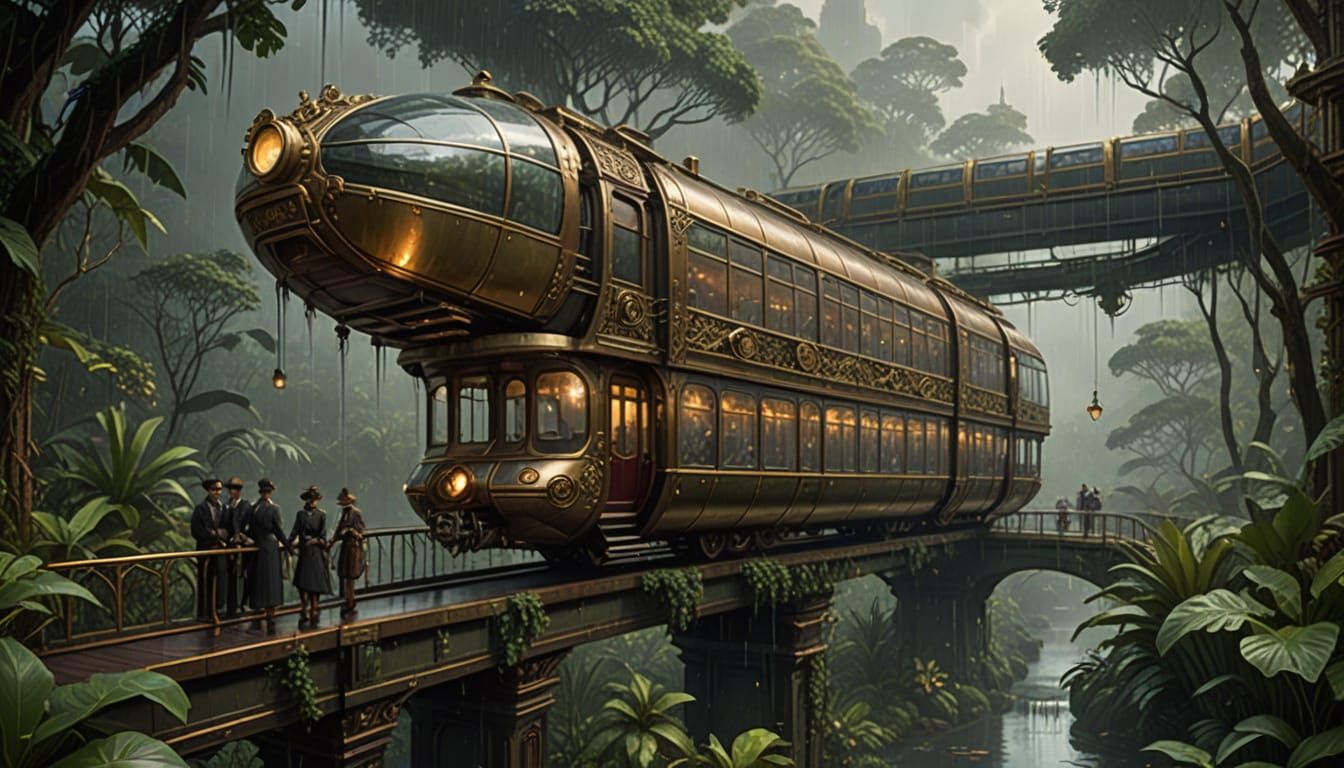 Steampunk Monorail in Rainy Jungle with Victorian Passengers