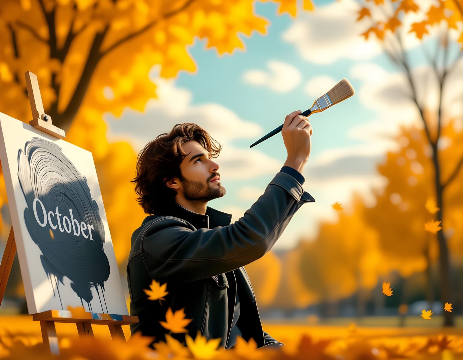 Autumn Fantasy Man Paints Sky with Gray Paint