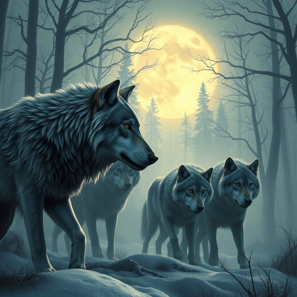 Wolves Hunting in Moonlit Forest: Digital Matte Painting