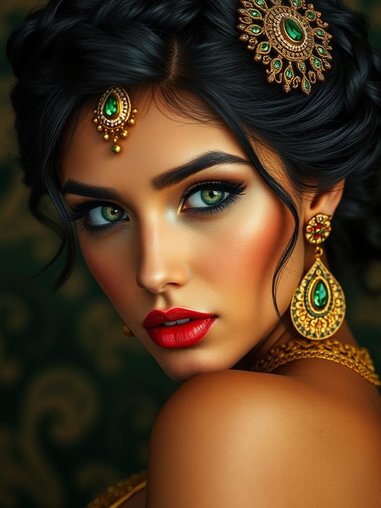 Emerald-Eyed Woman in Ornate Jewelry, Art Nouveau Style