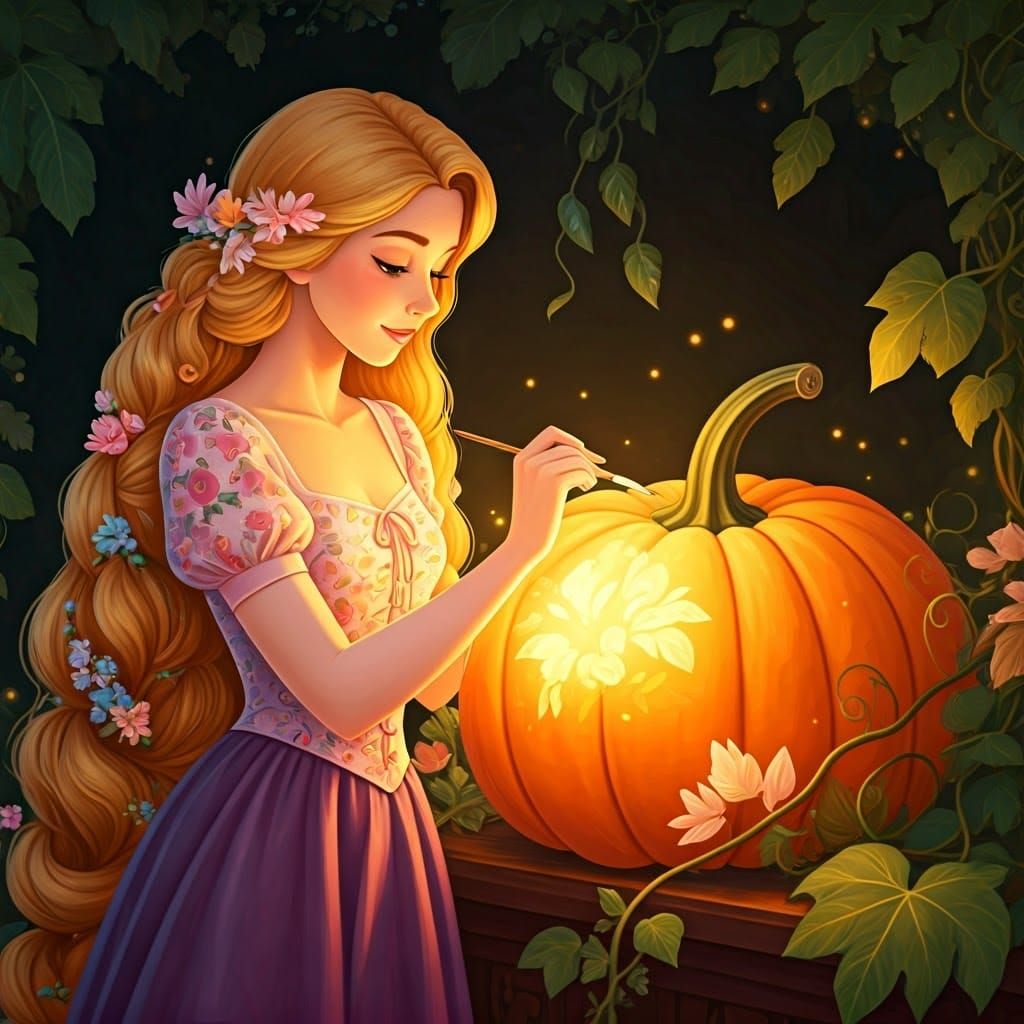 Rapunzel Paints a Glowing Pumpkin, Ethereal Portrait