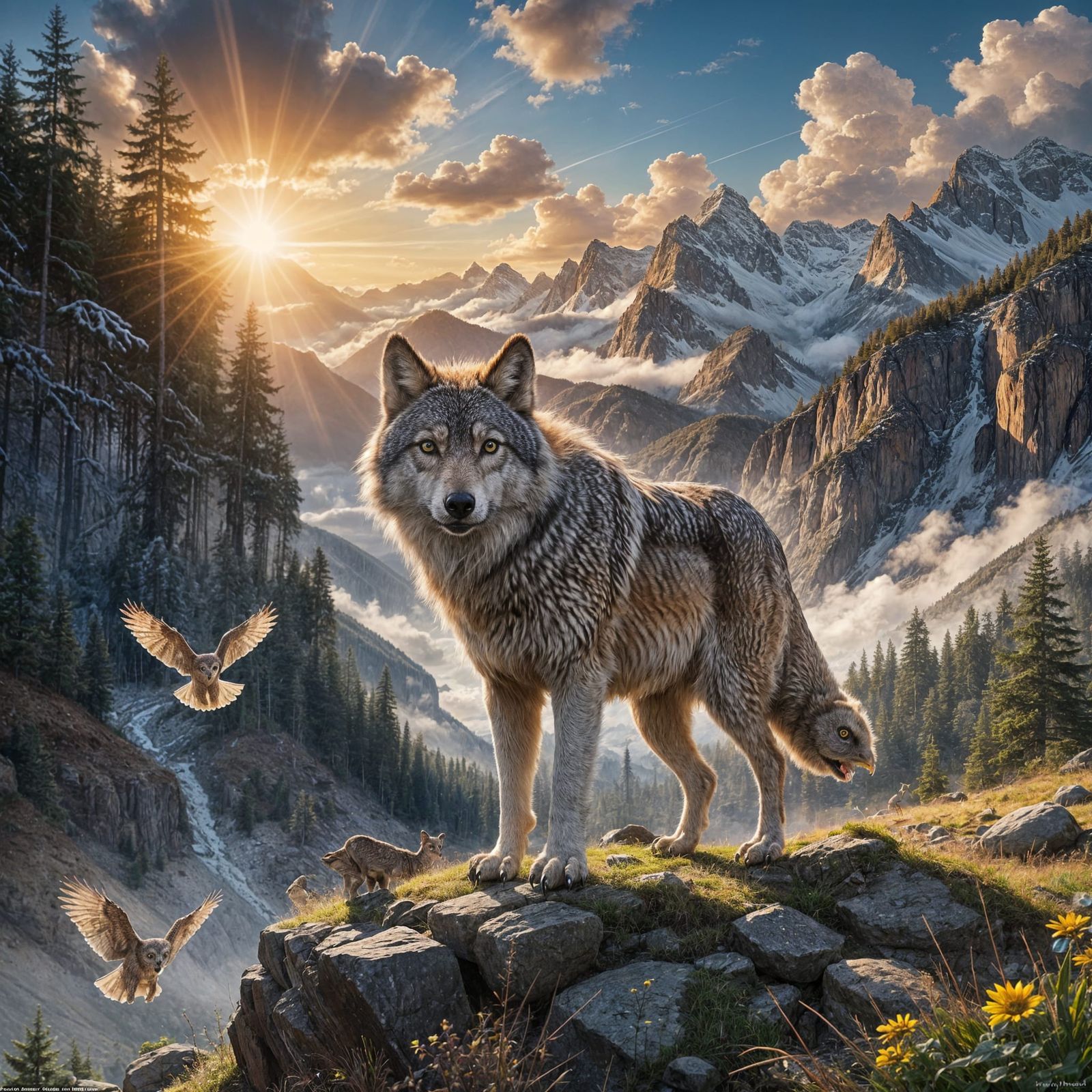 Mysterious Collage of Wolves, Eagles, Deer, and Owls in Heav...