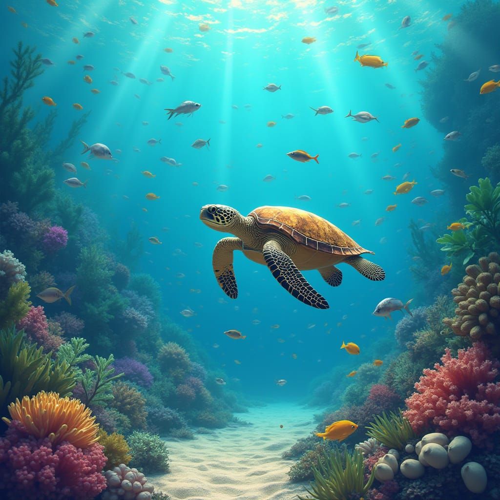 Hawaiian Ocean Turtle Amidst Colorful Fish