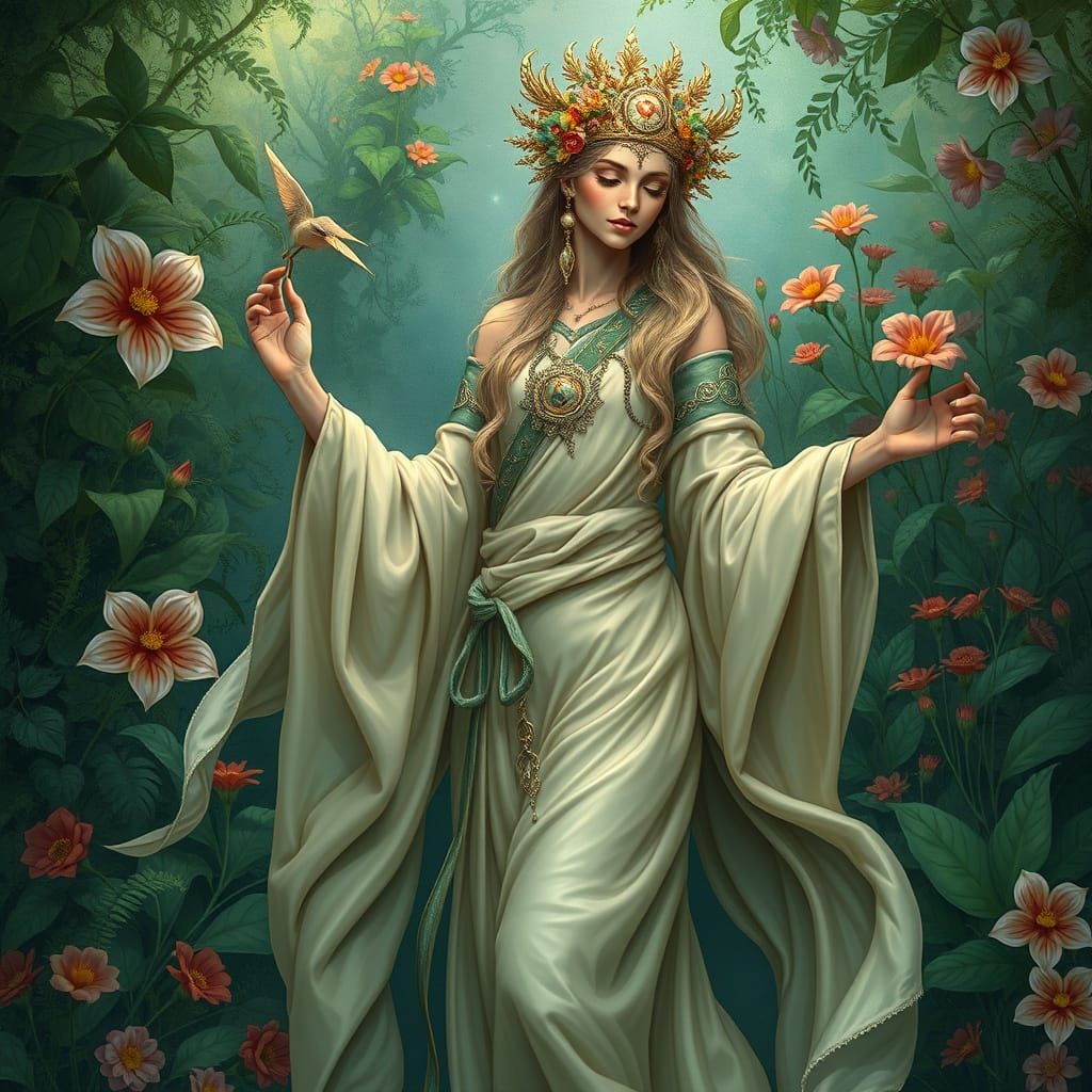 Mystical Woman in Silk Robes Surrounded by Flowers