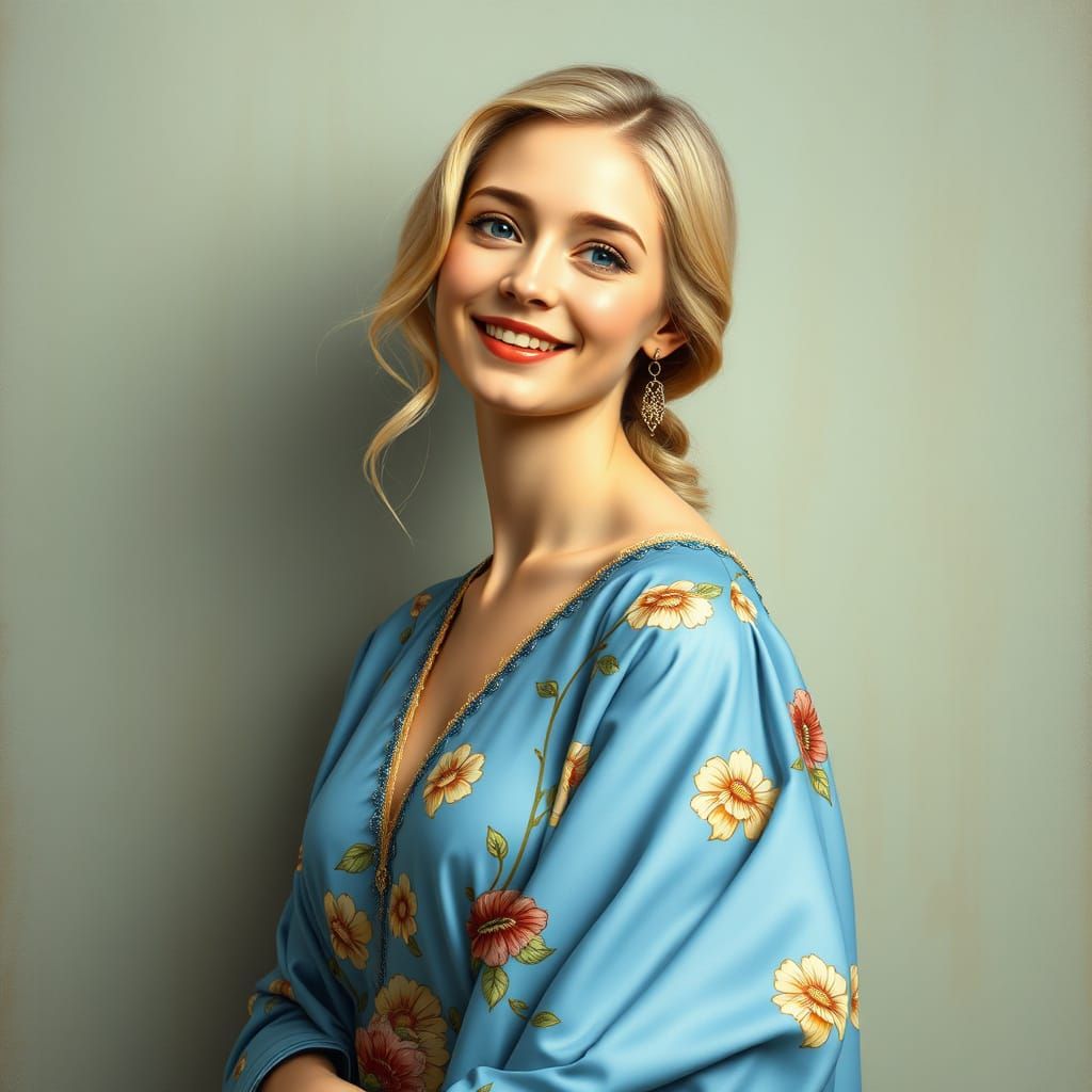 Elegant European Woman in Floral Blue Gown