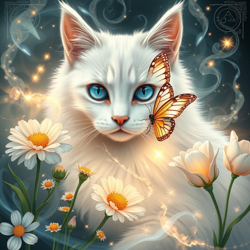 beautiful white bimbo cat with blue eyes, metamorphosis, chamomile, glitter, surrealism, art Deco, fractal, dandelion, b...