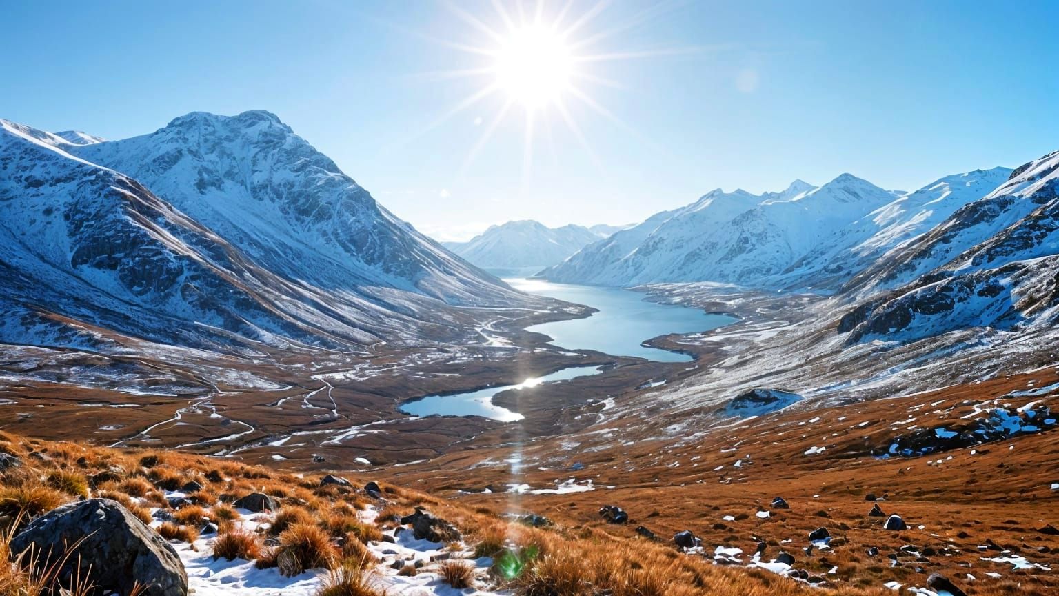 Winter Highland Valley with Snow-Capped Hills and Sunny Skie...