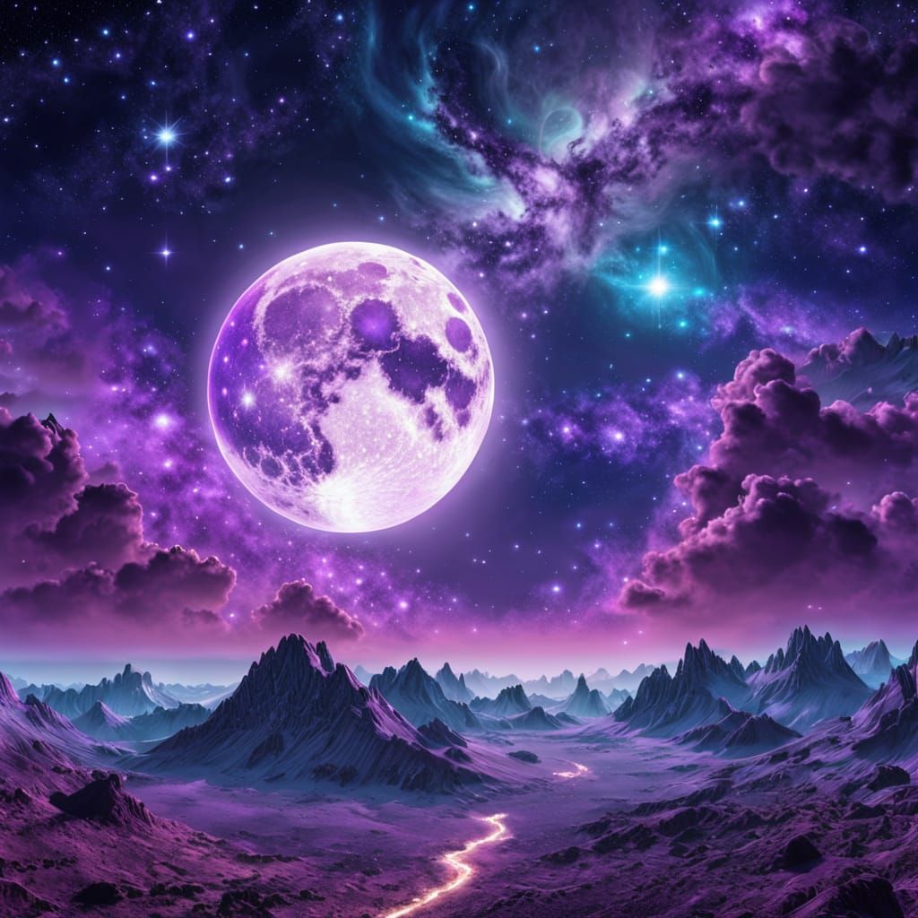Vibrant Purple Galaxy Under a Full Moon