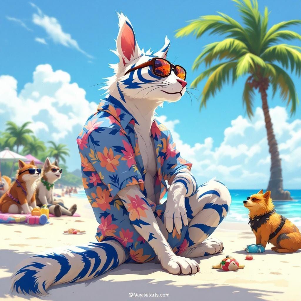 Liger Furry Relaxing on Beach in Whimsical Style