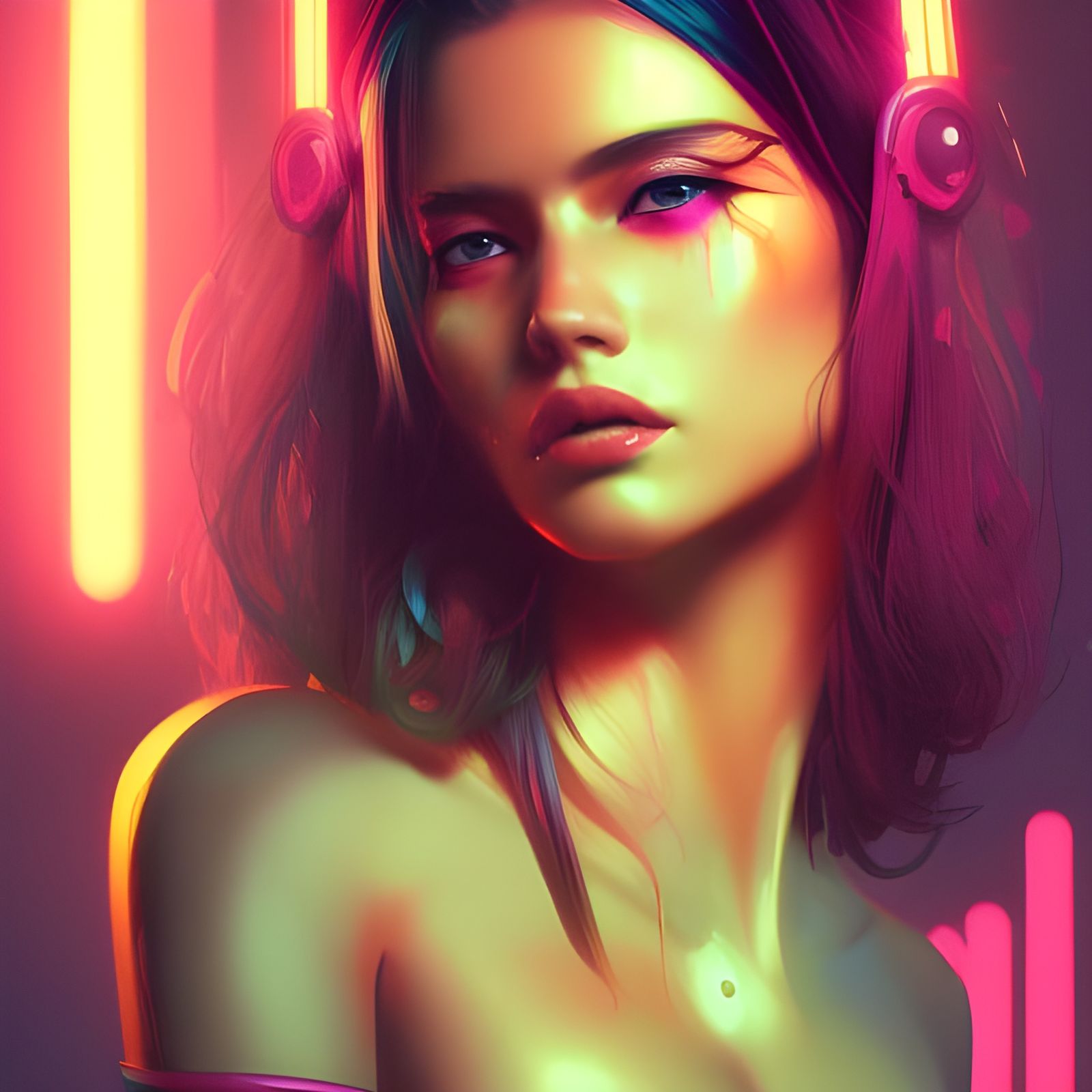 Neon Cyberpunk Pinup Portrait in Soft Lighting