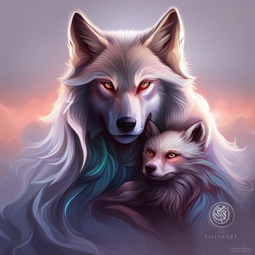 Wolf Mother and Baby Portrait in Hyperdetailed Style