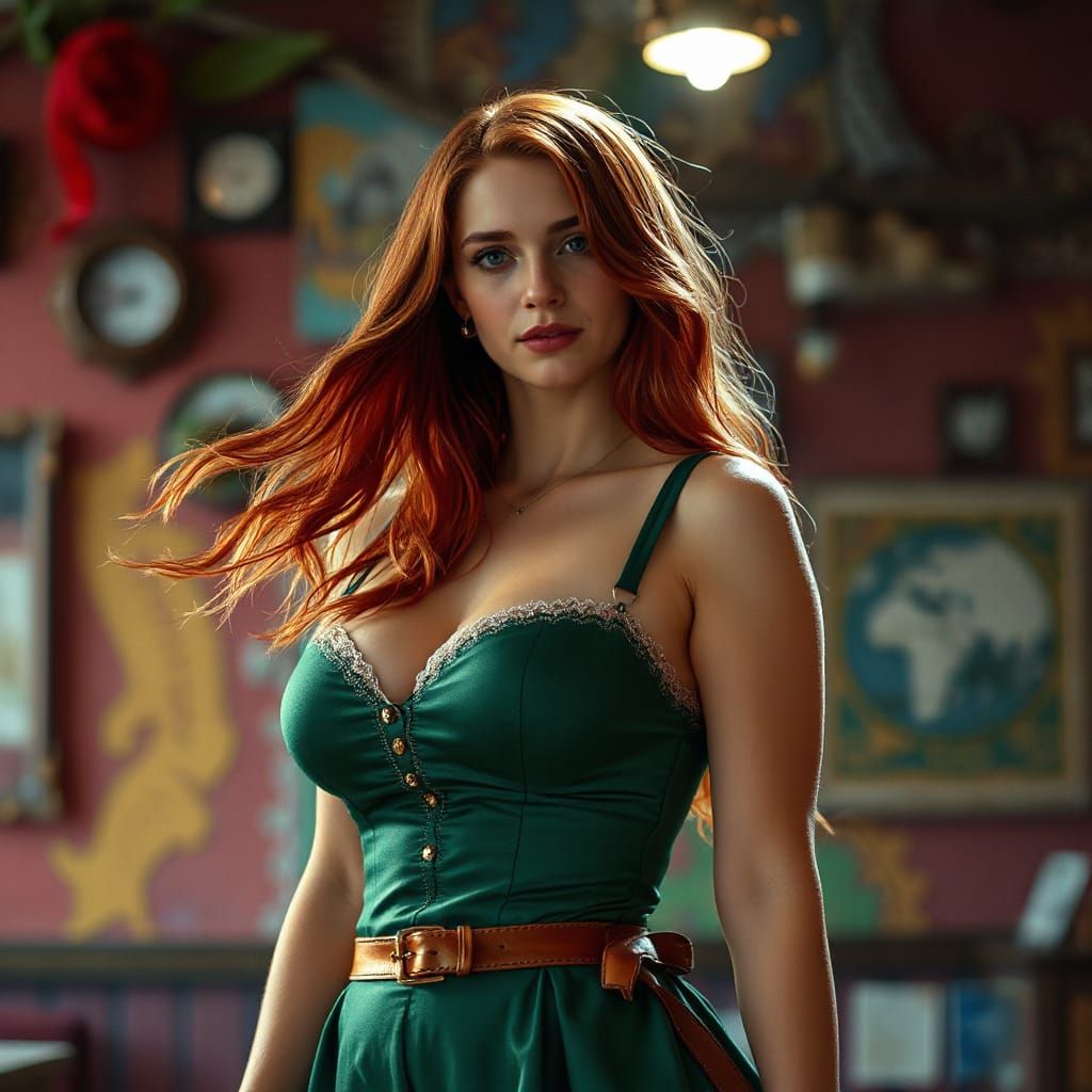 Red-Haired Beauty in Green Dirndl, Hyperrealistic Style