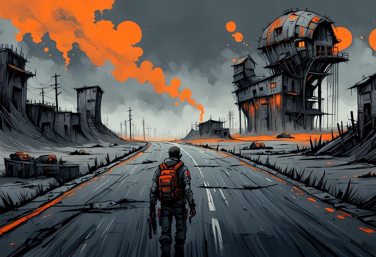 Post-Apocalyptic Road in Dystopian Ink Drawing