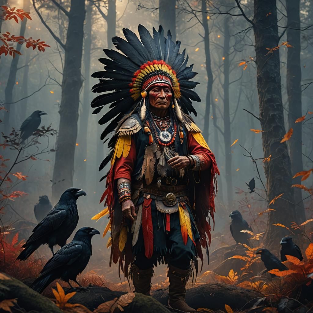 Indian Chief Surrounded by Ravens in Mystical Forest