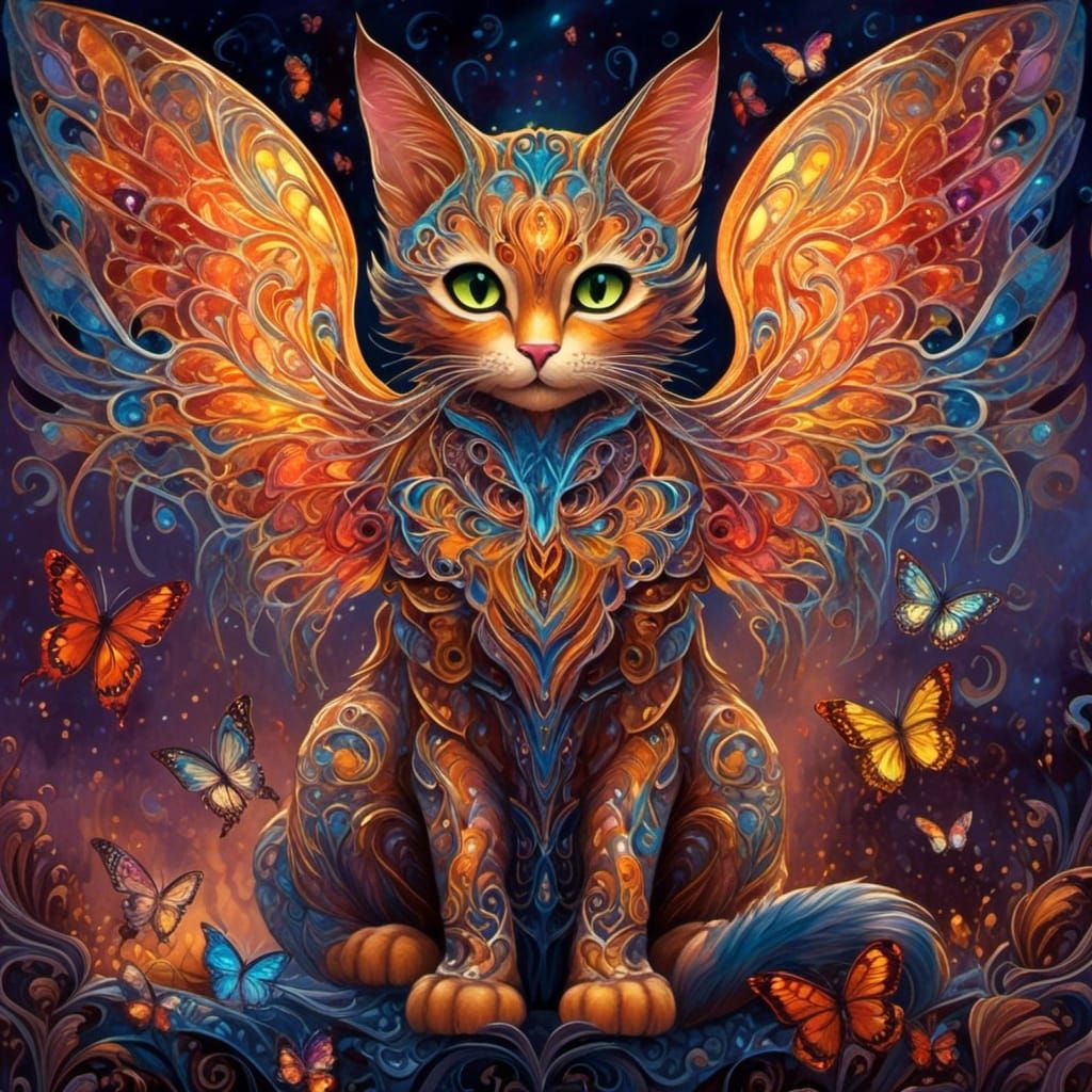 Winged Cat in Dreamscape with Warm Colors