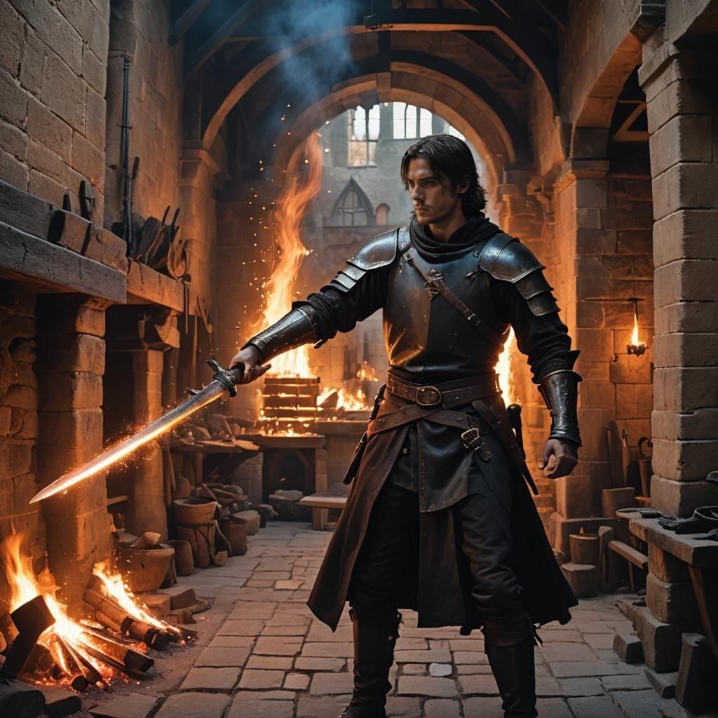 Medieval Swordsmith Inspects His Blade