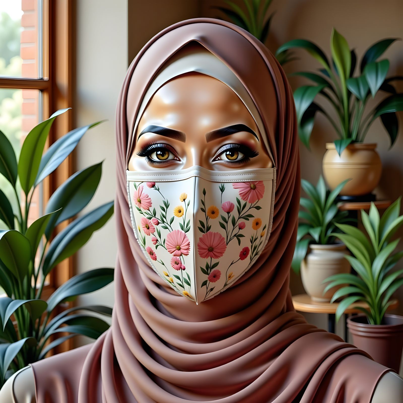Hijabi Woman in Floral Mask, Indoor Garden Portrait