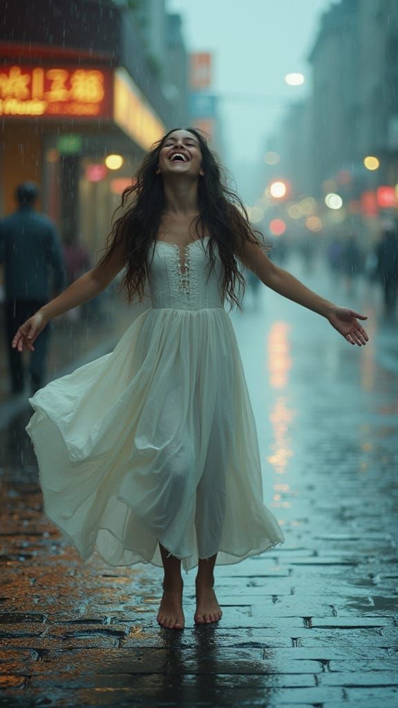 Girl Dancing in Rain with Dreamy City Lights