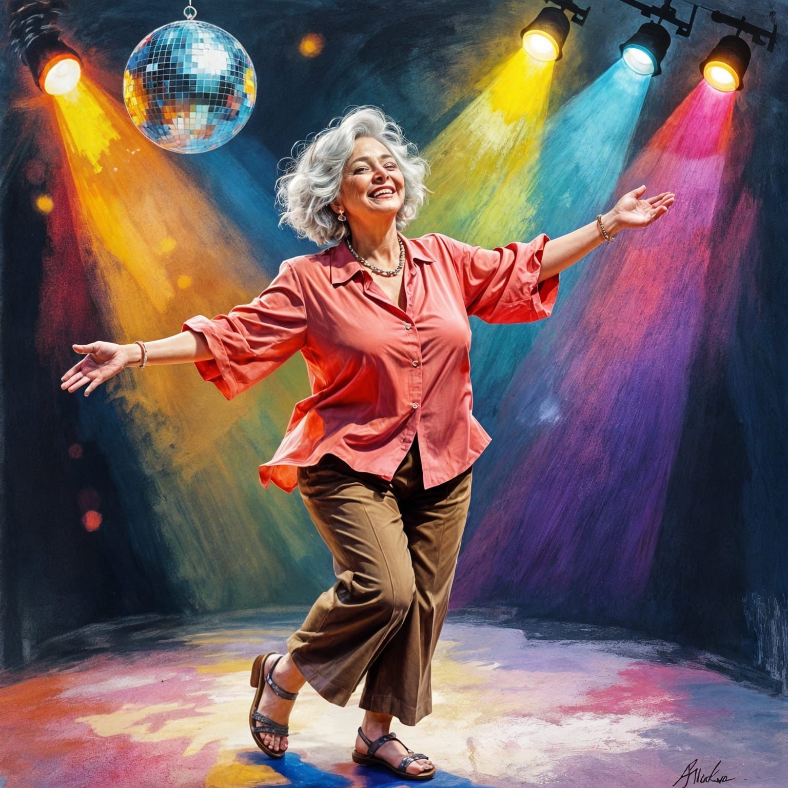 Elderly Woman Dancing on Stage in Chalk Pastel Style