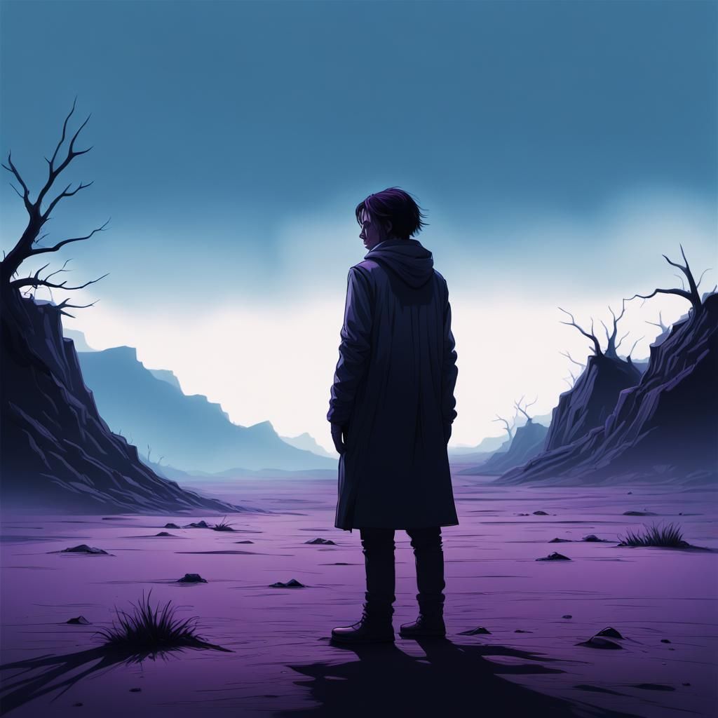 Monochrome Figure in Barren Landscape: Splash Art