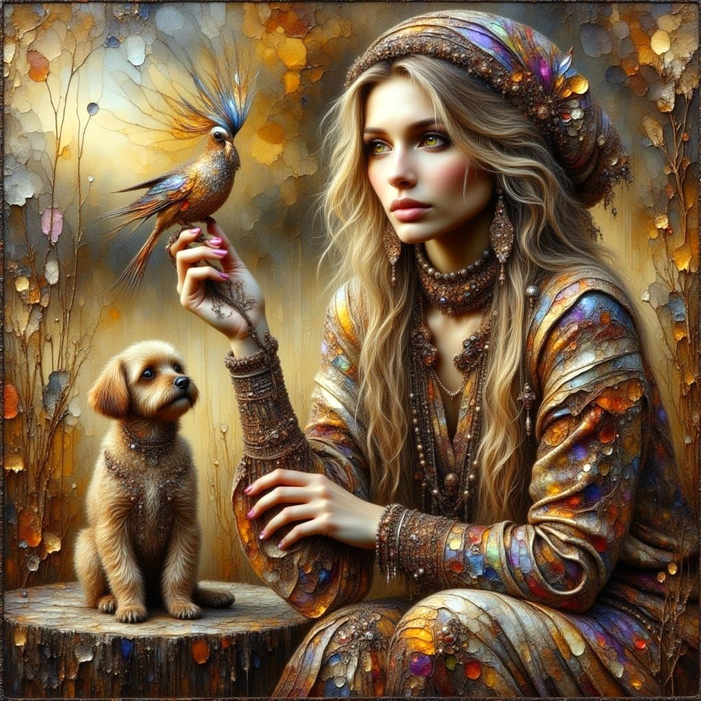 Oil Painting of a Happy Hippie Girl with Bird in Italian Cou...