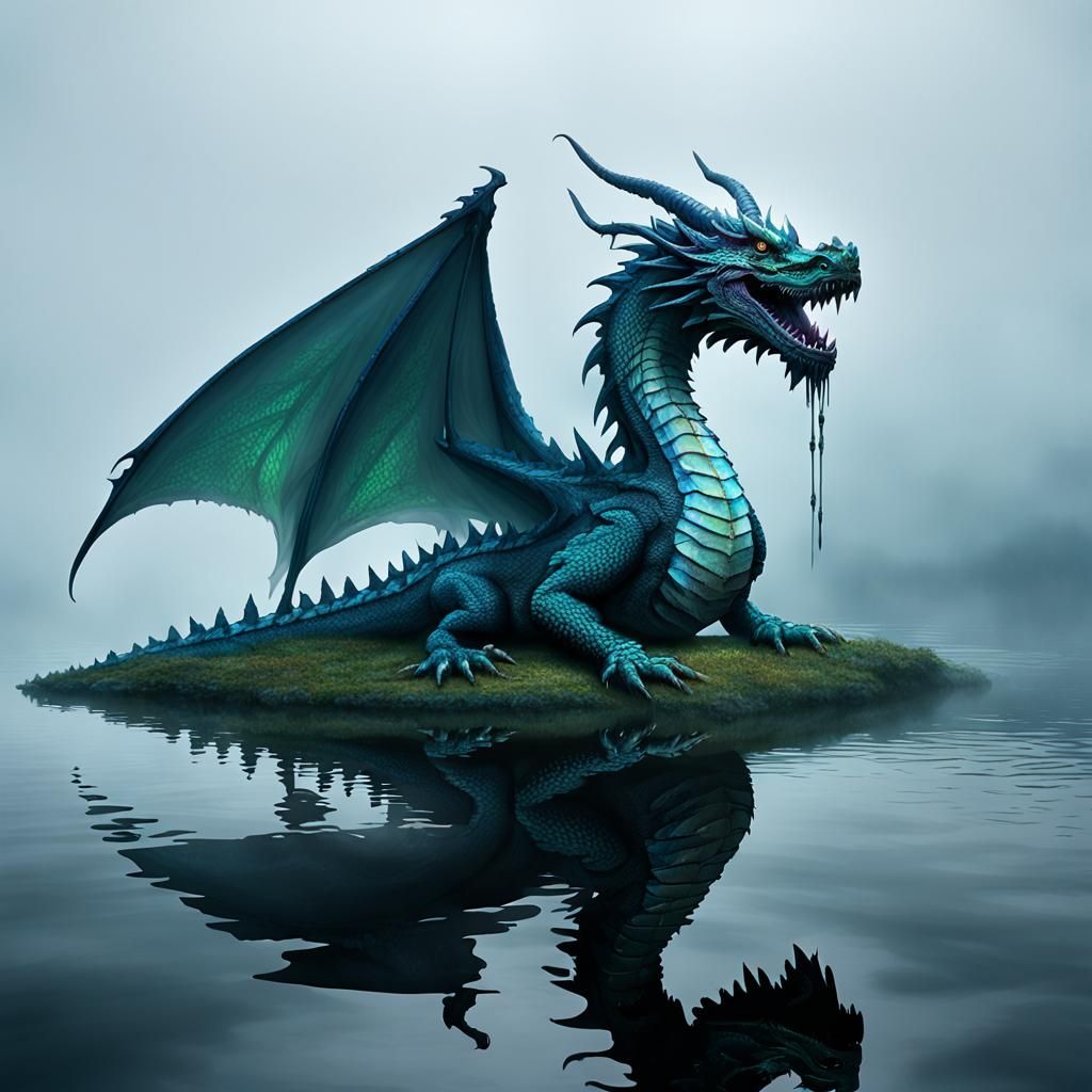 Iridescent Dragon on Misty Lake, Sinister Art
