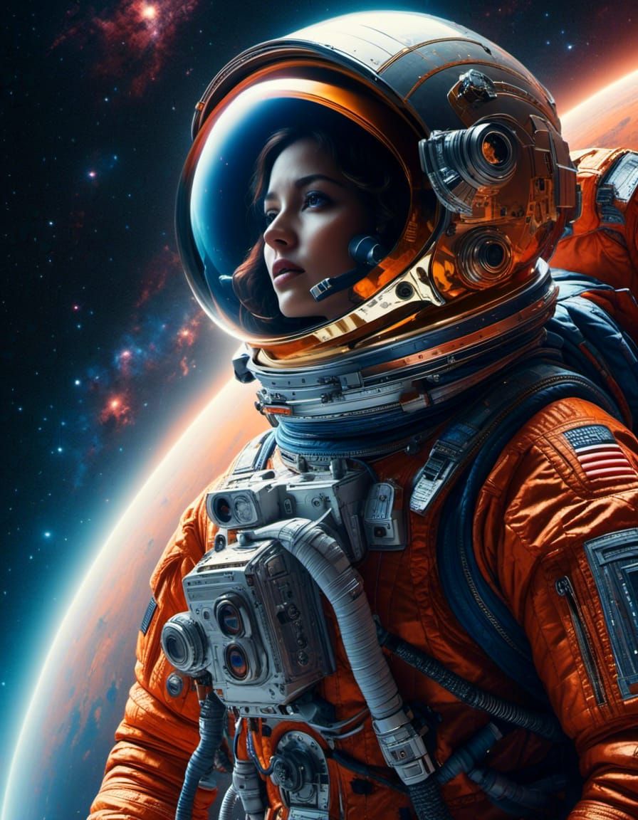 Beautiful Woman in Spacesuit Under Cosmic Galaxy