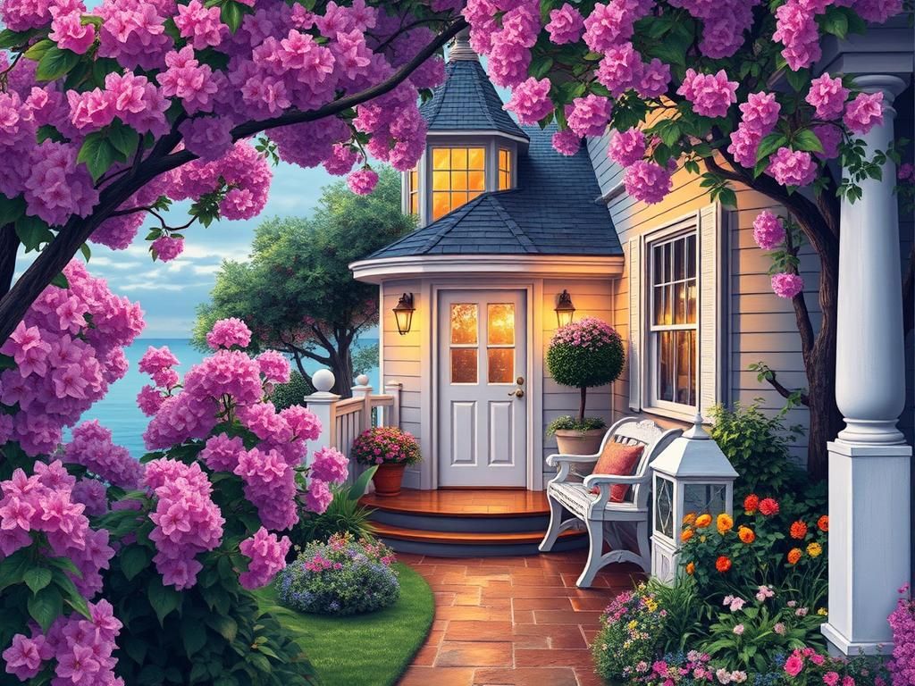 Serene Garden with Lighthouse in Thomas Kinkade Style