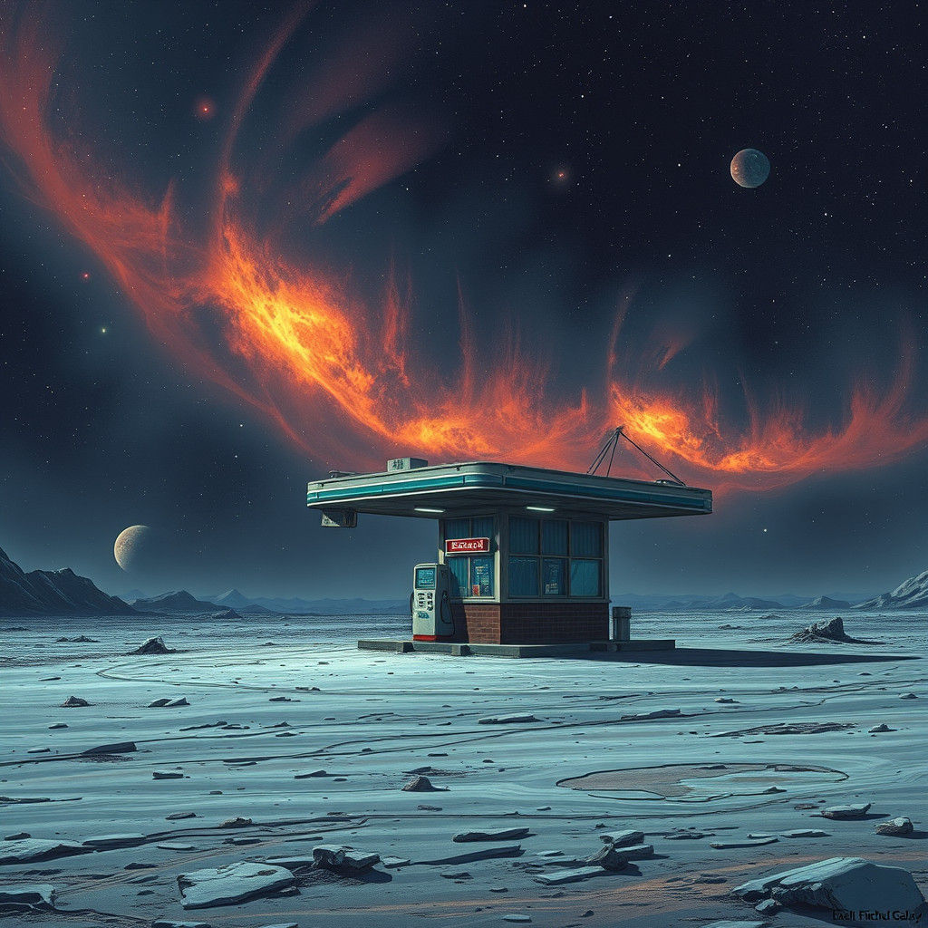 Retro-Futuristic Gas Station on a Nebula Moon