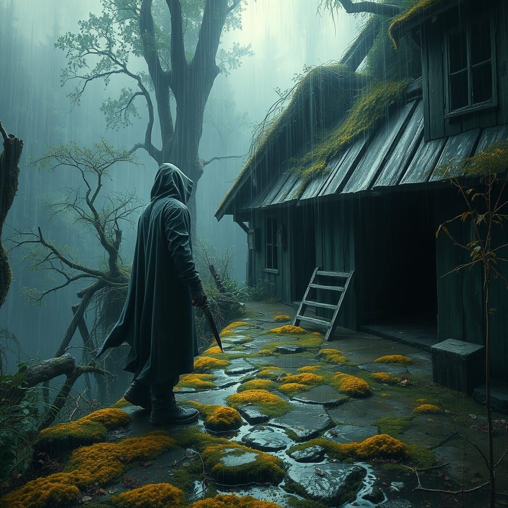 Mysterious Figure Stands at Edge of Crumbling Cottage