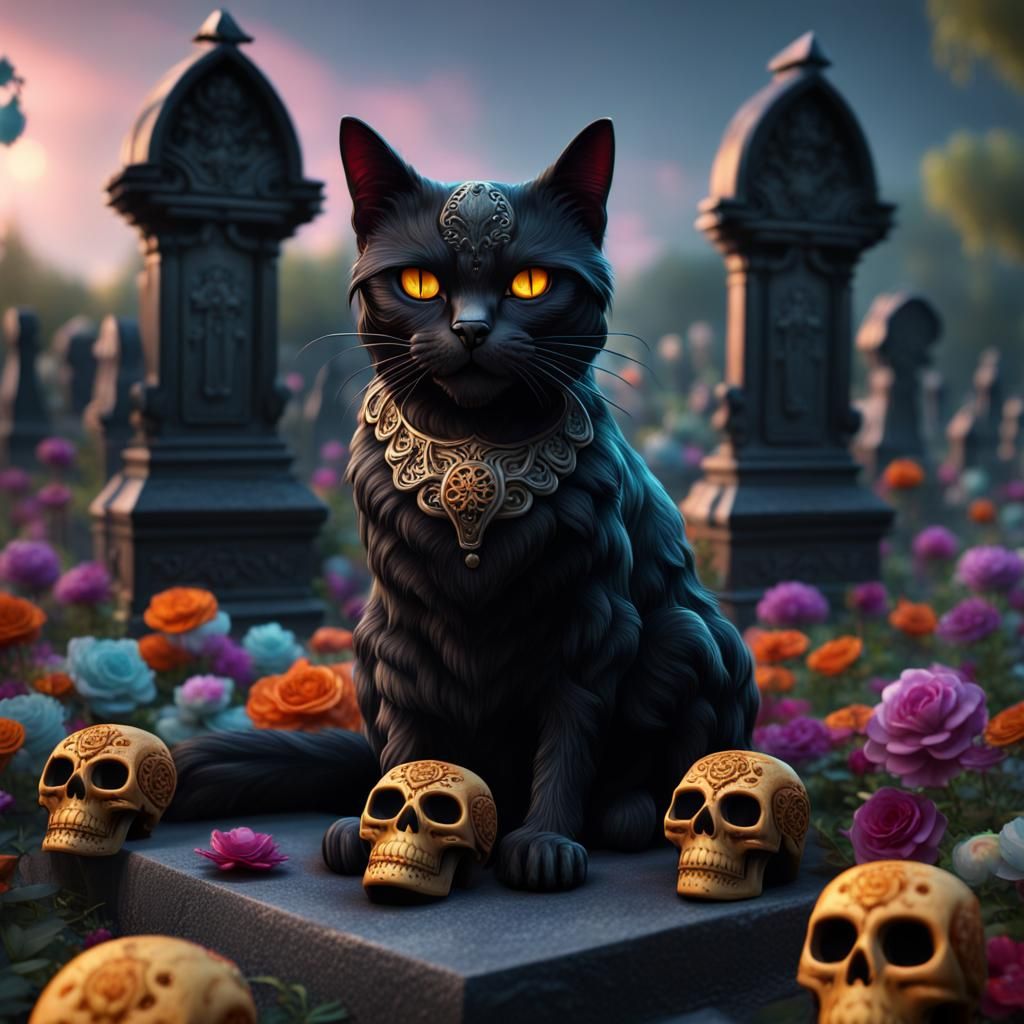 Sugar Skull Cat in Graveyard Art