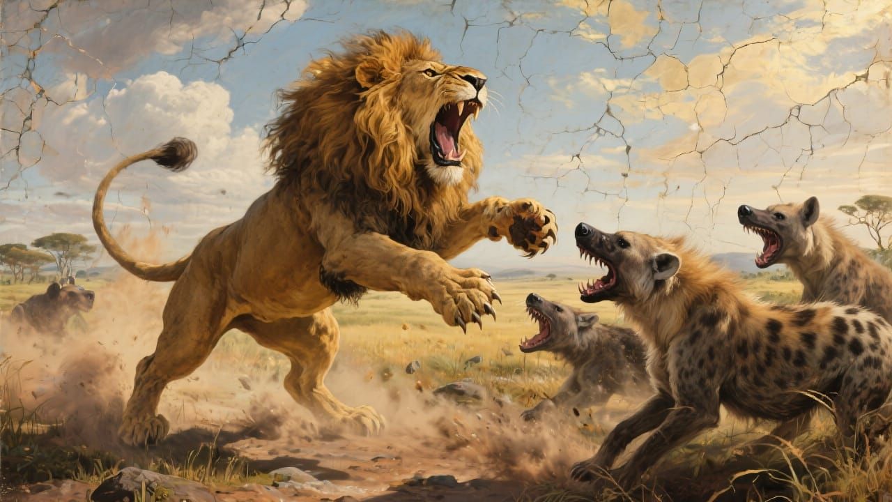 Lion and Hyenas Clash in Renaissance Style