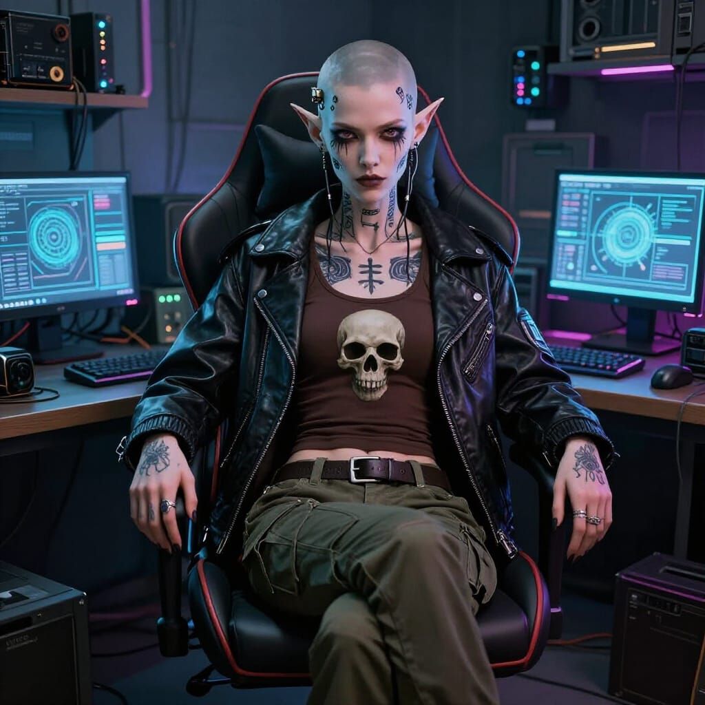 Cyberpunk Elf Hacker in Neon-Lit Room