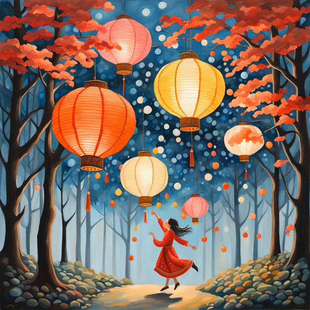 Gouache Painting of Woman with Paper Lanterns