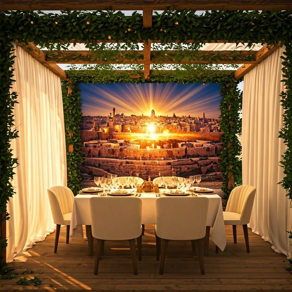 Majestic Sukkah with Golden Jerusalem Picture