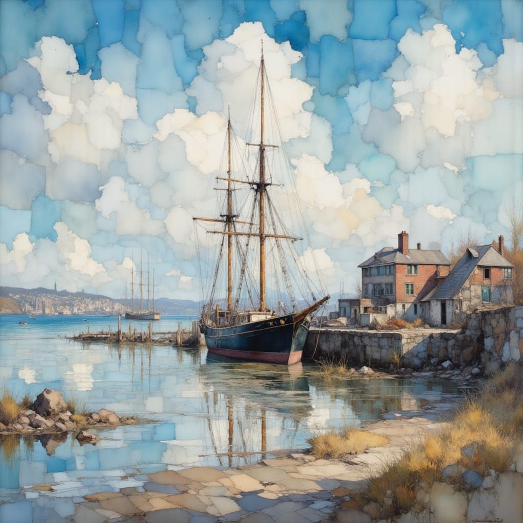Oil Painting of Ships at Dock in New Rochelle