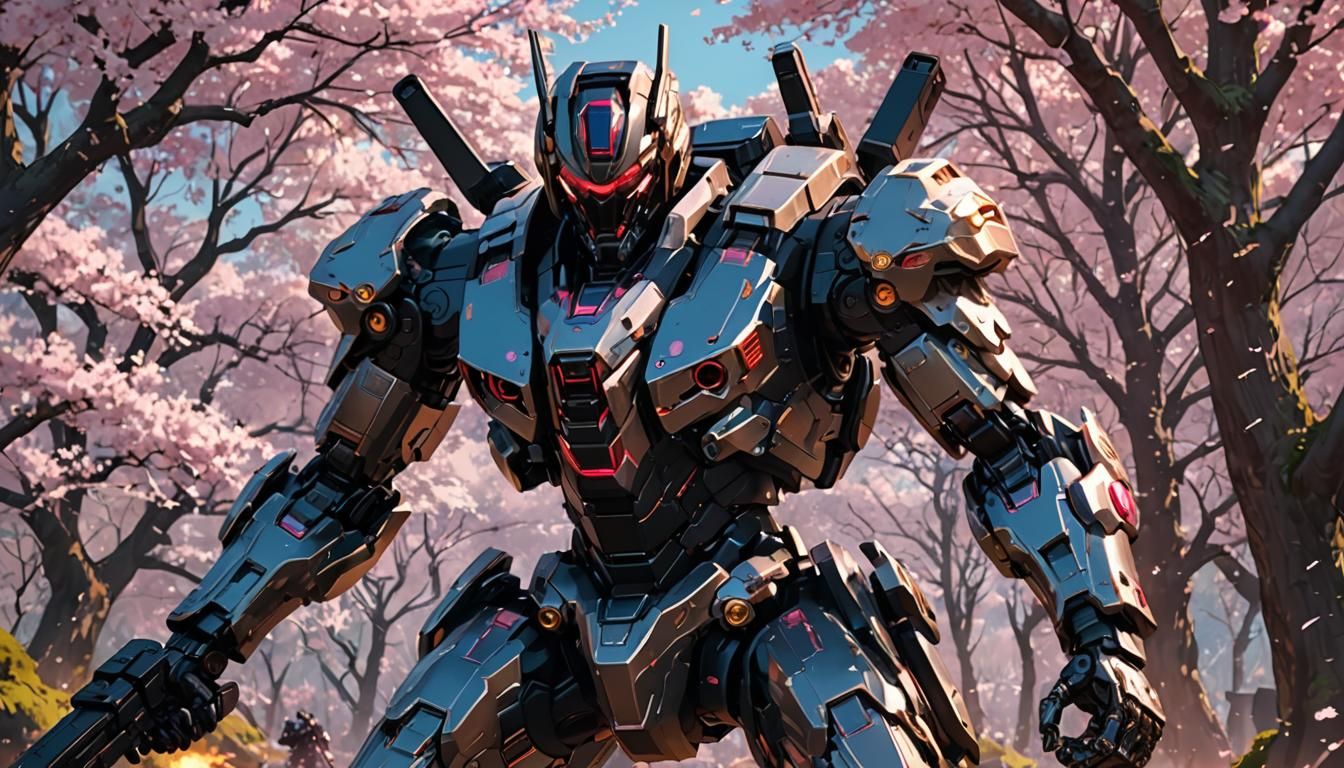 Mecha Warrior in Cherry Blossom Forest